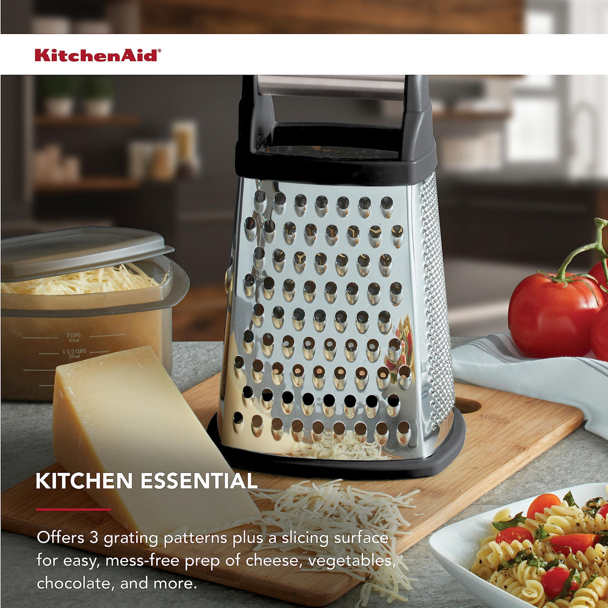 KitchenAid Gourmet 4-Sided Stainless Steel Box Grater for Fine, Medium and Coarse Grate, and Slicing, Detachable 3 Cup Storage Container and Measurment Markings, Dishwasher Safe, 10 inches tall, Black KitchenAid