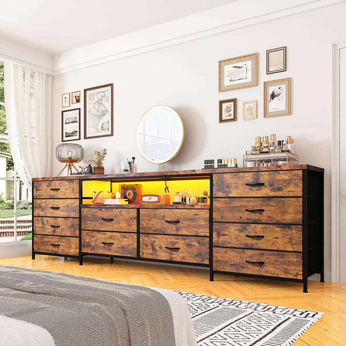 EnHomee Fits 75" TV Stand Dresser for 65 70 75 Inch TV 63" W Dresser TV Stand for Bedroom with LED Lights & Power Outlets & 12 Drawers Dresser for Bedroom Long Fabric Dresser Entertainment Center EnHomee