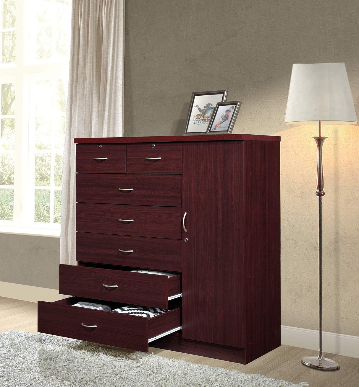 Hodedah 7 Drawer Jumbo Chest, Five Large & Two Smaller Drawers with Two Lock, Hanging Rod, and Three Shelves | Mahogany, 17.76" D X 47.24" W X 48.39" H Hodedah
