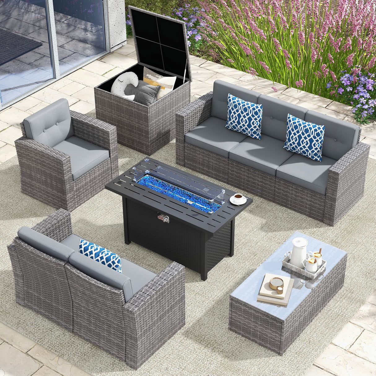 JOIVI 9 Pieces Outdoor Patio Furniture Set with 45” Fire Pit Table, Rattan Patio Conversation Set with 50000 BTU Gas Fire Pit, Wicker Outdoor Sectional Sofa Set with Storage Box and Coffee Table, Gray JOIVI