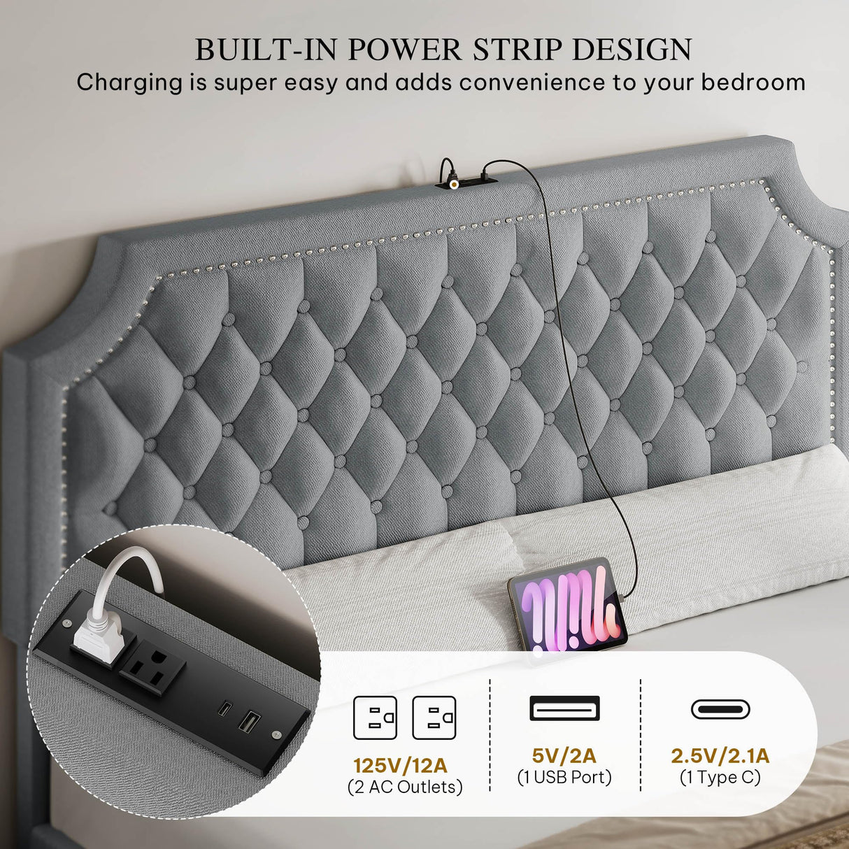 YITAHOME King Size Bed Frame with Adjustable Headboard, 4 Storage Drawers and Charging Station, Linen Upholstered Bed Frame with Button Tufted, No Box Spring Needed, Fast Assembly, Noise-Free, Grey YITAHOME