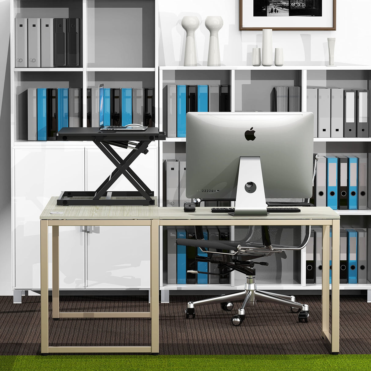 SHW 32-Inch Height Adjustable Standing Desk Converter Riser Workstation, Black SHW