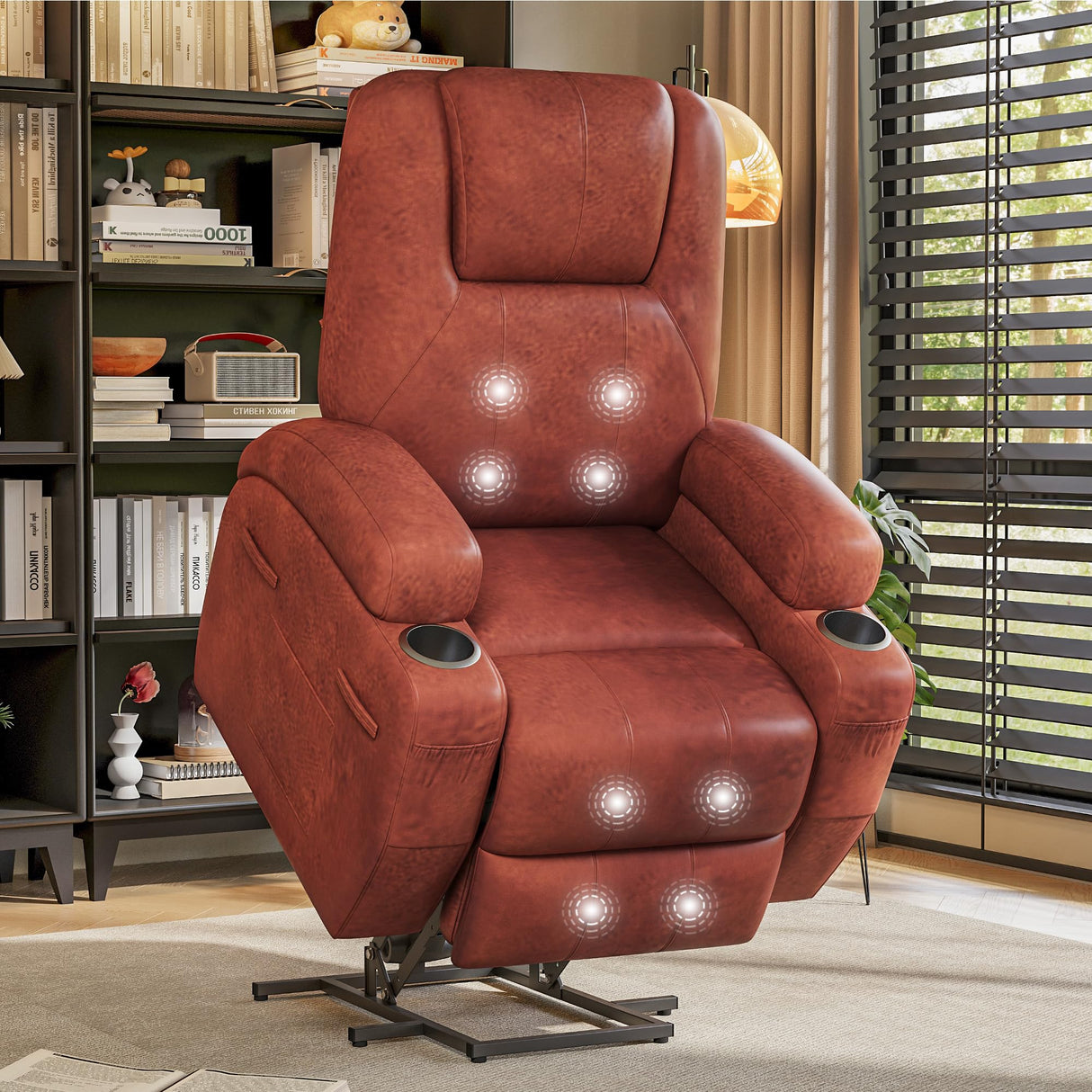 Electric Power Lift Recliner Chair with Massage for Elderly Corduroy Fabric Recliner Single Sofa with Cup Holders, Side Pockets and Remote Control for Living Room Bedroom (Leathaire, Brown) Furmax