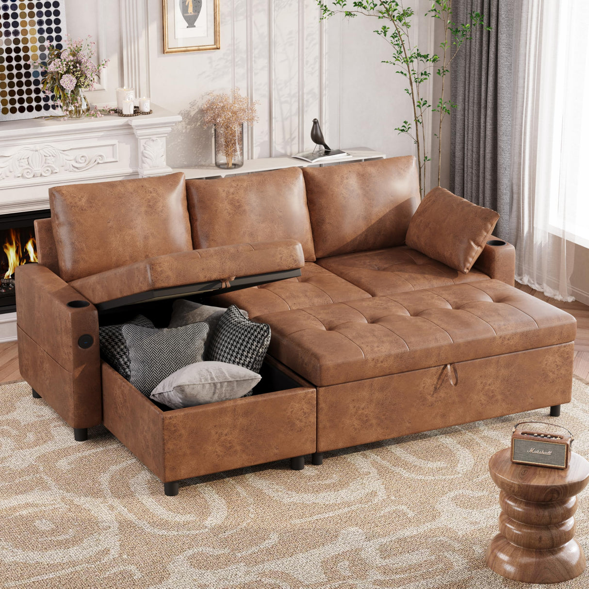 Esright Sleeper Sofa Couch with Pullout Bed, Faux Leather Sofa Bed Pull Out Couch with Reversible Storage Chaise, L Shaped Sectional Sleeper Sofa Couches for Living Room Clearance, Brown Esright