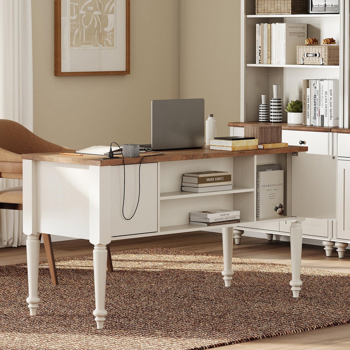 WAMAPT Farmhouse Executive Desk with 5 Drawers, Home Office Desk with Charging Station, Wood Computer Desk with File Cabinet Storage, Door, Open Shelf for Work and Study, White, 55 inch WAMPAT