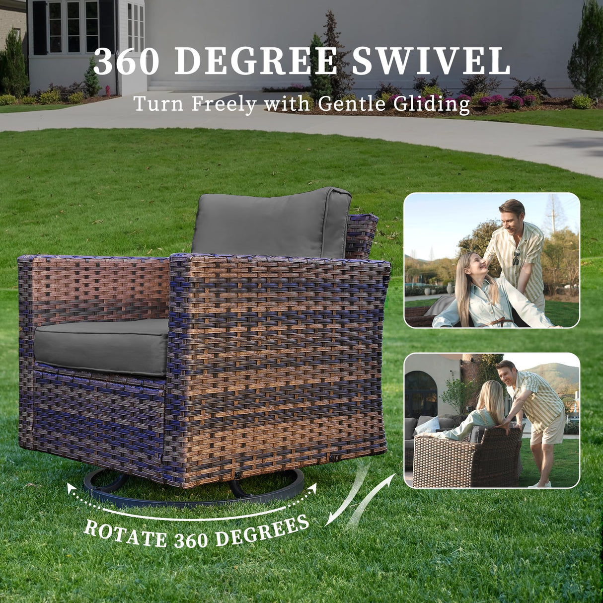 UDPATIO 5 Pieces Patio Furniture Set with Fire Pit Table, Outdoor Furniture Set with Rocking Swivel Chairs, Wicker Patio Set with Waterproof Cover, 4'' Thickened Cushion, Grey UDPATIO