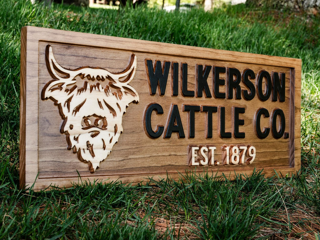Personalized Wood Farmhouse Sign Highland Cattle Wooden Farmhouse Decor Cow Custom Carved Farm Sign Wall Family Name Sign Couple Established 3D Woodworker
