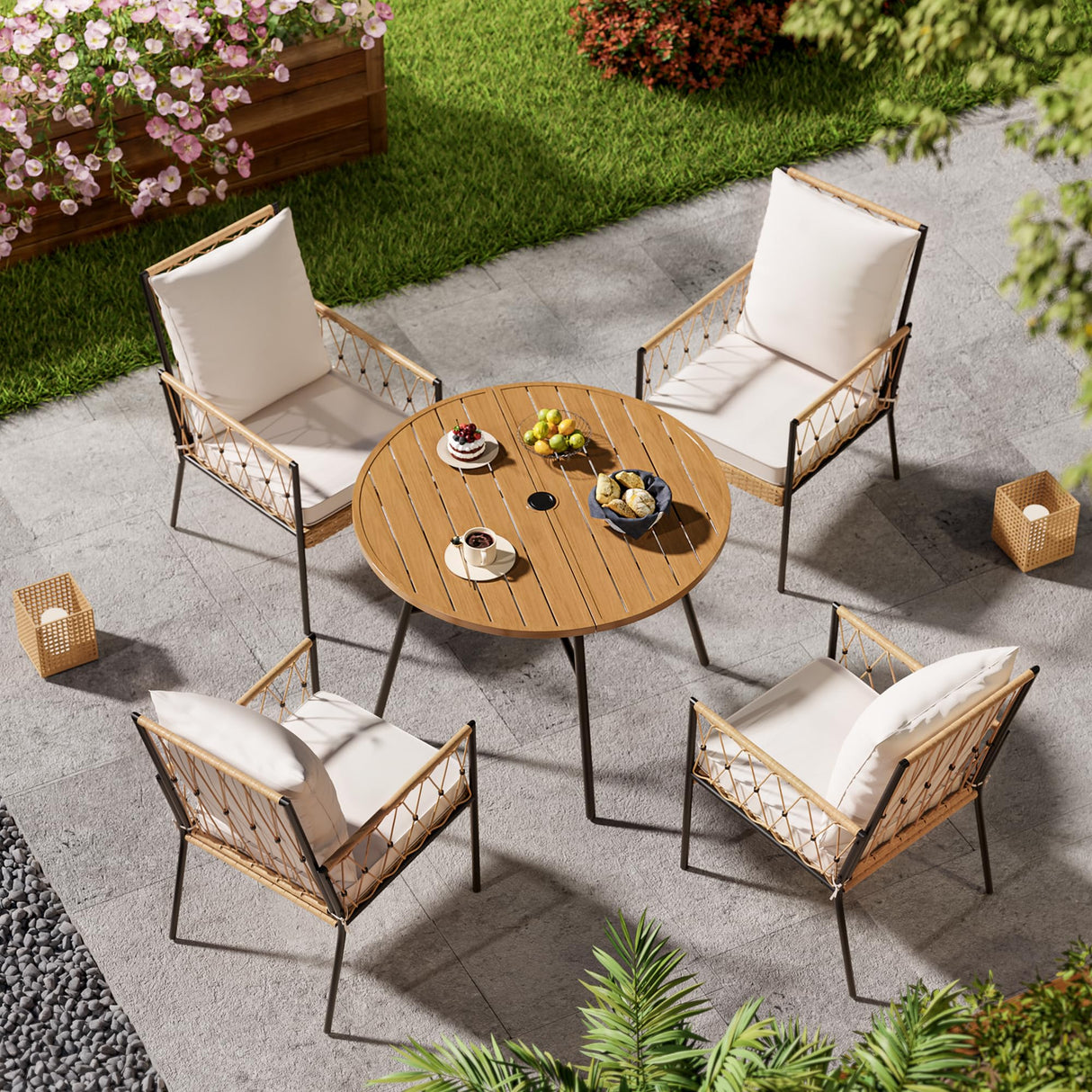 SUNCOZE Outdoor Patio Dining Table and Chairs Set, 5 Pieces PE Rattan Patio Furniture Set with Cushion and Umbrella Hole, Wicker Patio Conversation Sectional Sets for Porch, Backyard and Lawn, Beige SUNCOZE