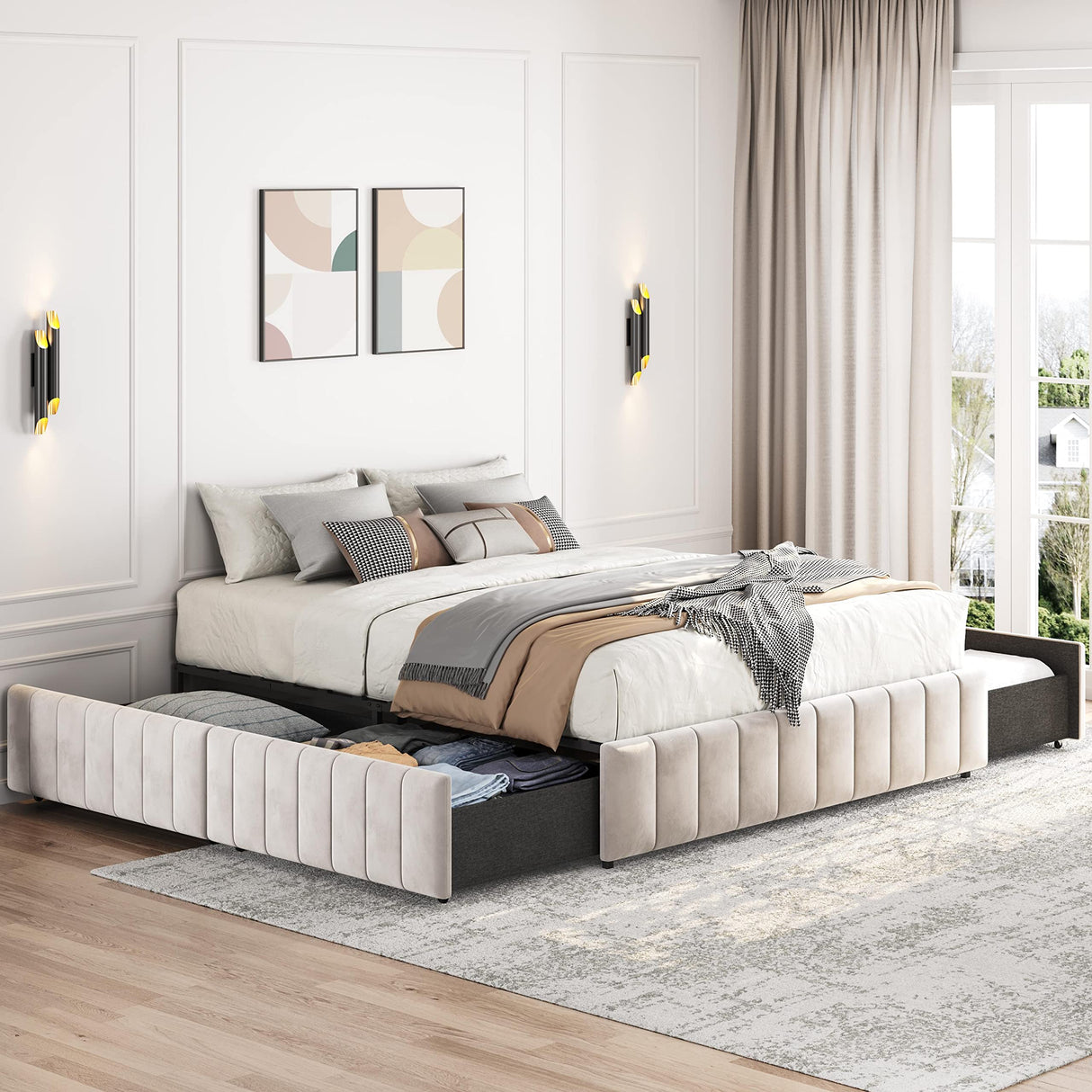 Yaheetech Upholstered Queen Bed Frame with 4 Storage Drawers and Modern Design Yaheetech