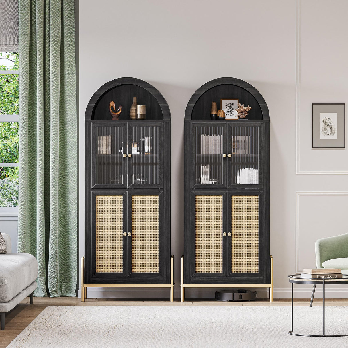 BELLEZE Set of 2 Storage Cabinet with Reeded Glass Doors, Arched Bookcase Decorated with Rattan Door, 65 Inch Freestanding Curio Cabinet for Home Living Room and Kitchen, Black BELLEZE