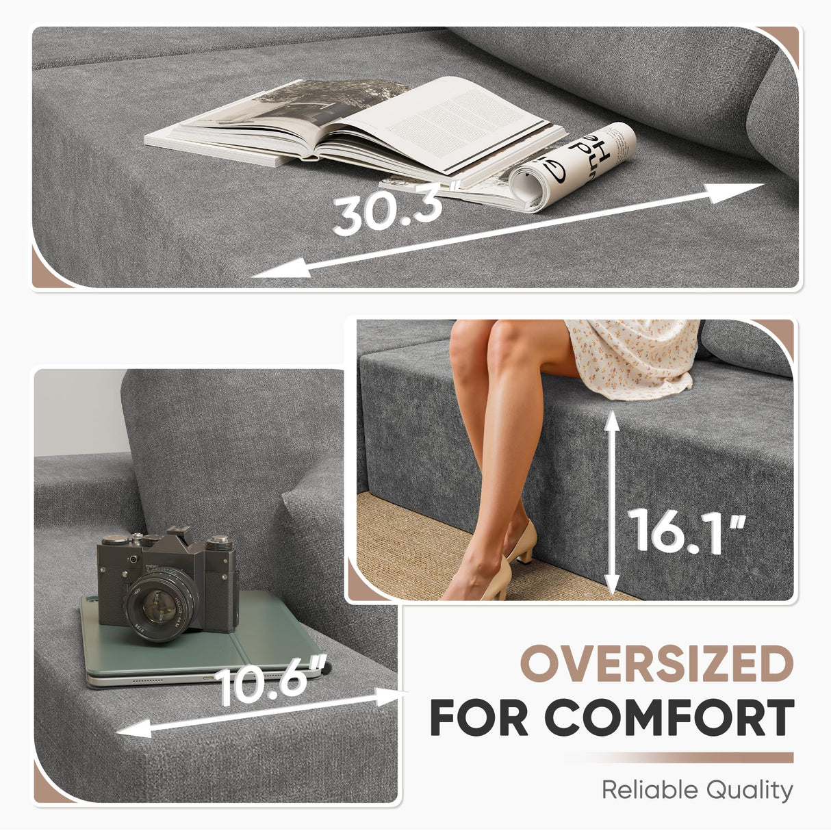 Homall 108" Modular Sectional Sofa, Boneless Couch with L-Shape Chaise, Cloud Couch with Deep Seat Upholstered, No Assembly Required for Living Room, Bedroom (Chenille, Grey) Homall