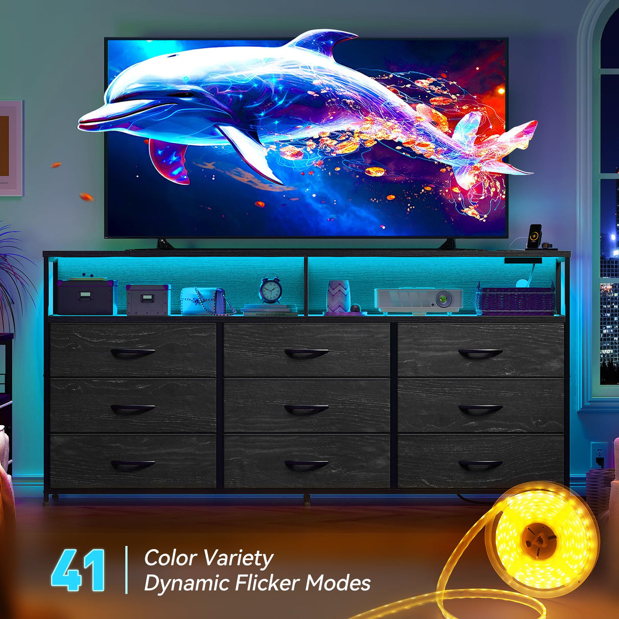 EnHomee 55" W Dresser TV Stand with Power Outlet & Lights for 65" TV, Dresser for Bedroom with 9 Fabric Drawers, TV Stand for Bedroom Dressers Console Table 55''W*11.8''*35.5'', Charcoal Black EnHomee