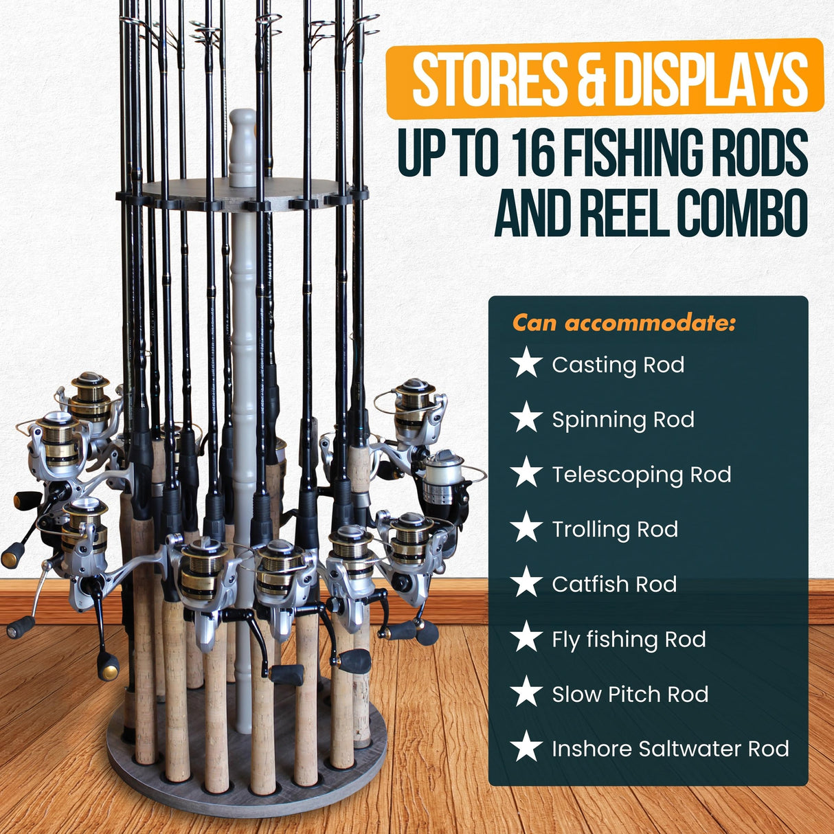 Rush Creek Creations | Fishing Rod Holder for 16 Fishing Poles, Garage Organization and Storage, for Reels, Gear, Accessories, Tackle Box Rush Creek Creations