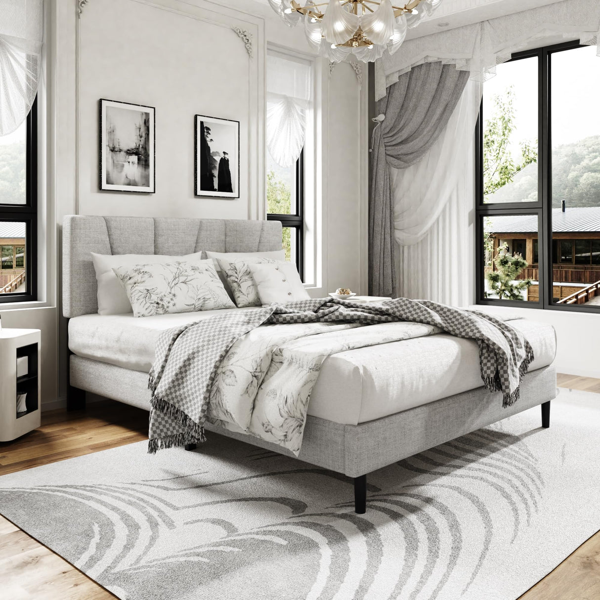 Queen Size Platform Bed Frame with Upholstered Headboard, Wooden Slats Support, Noise Free, No Box Spring Needed, Easy Assembly, Light Grey, Linen Sismplly