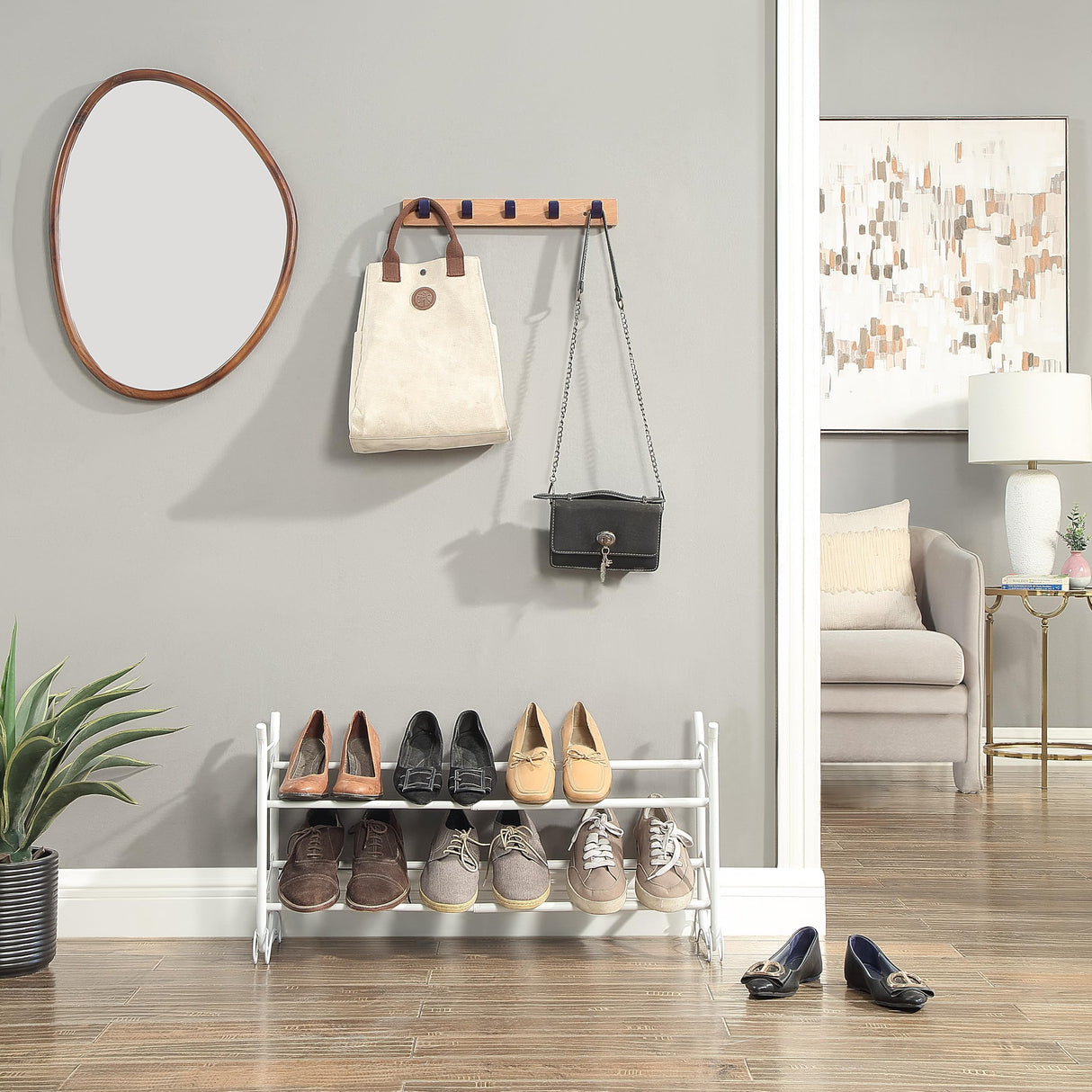 SunnyPoint Expandable & Stackable 2-Tier Shoe Rack – Adjustable Shoe Organizer for Entryway, Closet or Bedroom, Holds 4 to 8 Pairs, Space-Saving Metal Shoe Storage Shelf (17.5"–31.49" W) (WHT, 2 Tier) SunnyPoint