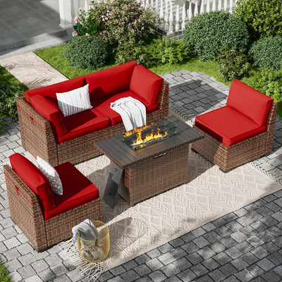 Amopatio 5 Pieces Patio Furniture Set with Fire Pit Table, Outdoor Furniture Sectional Rattan Sofa with Slanted Back, Wine(Include 2 Waterproof Cover)
