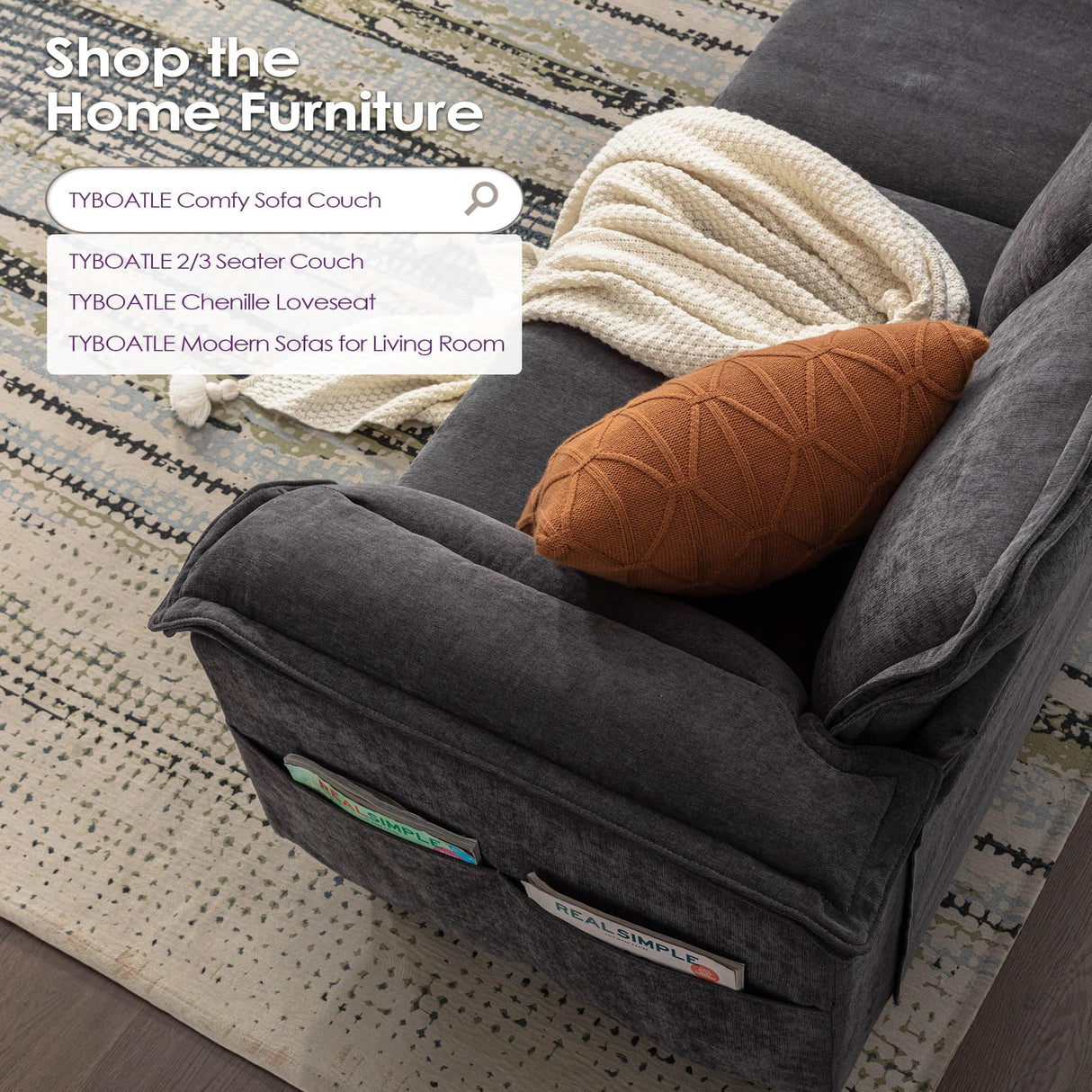 TYBOATLE 85" W Living Room Couch, Comfy Mid-Century Modern Grey Couch w/2 USB Charger & Wide Arms, 3 Seater Sofa w/2 Side Pockets for Bedroom, Apartment, Office TYBOATLE