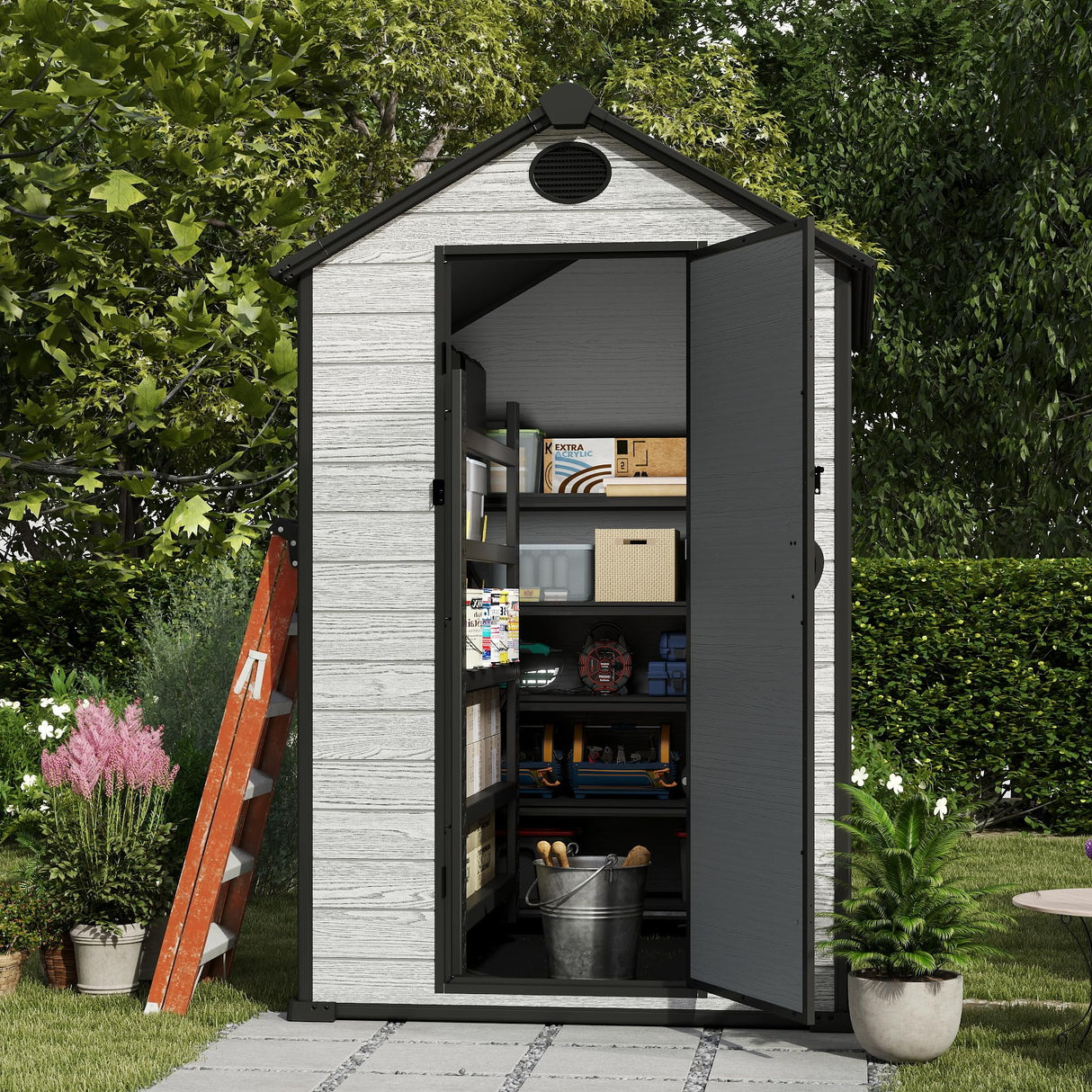 EHHLY 4.4x6 FT Resin Outdoor Storage Shed Large, 230 Cuft Garden Tool Sheds & Outdoor Storage Plastic Shed with Floor, 7FT Tall Backyard Outside Lawn Mower Storage Shed with Side Window, Cemented Grey EHHLY