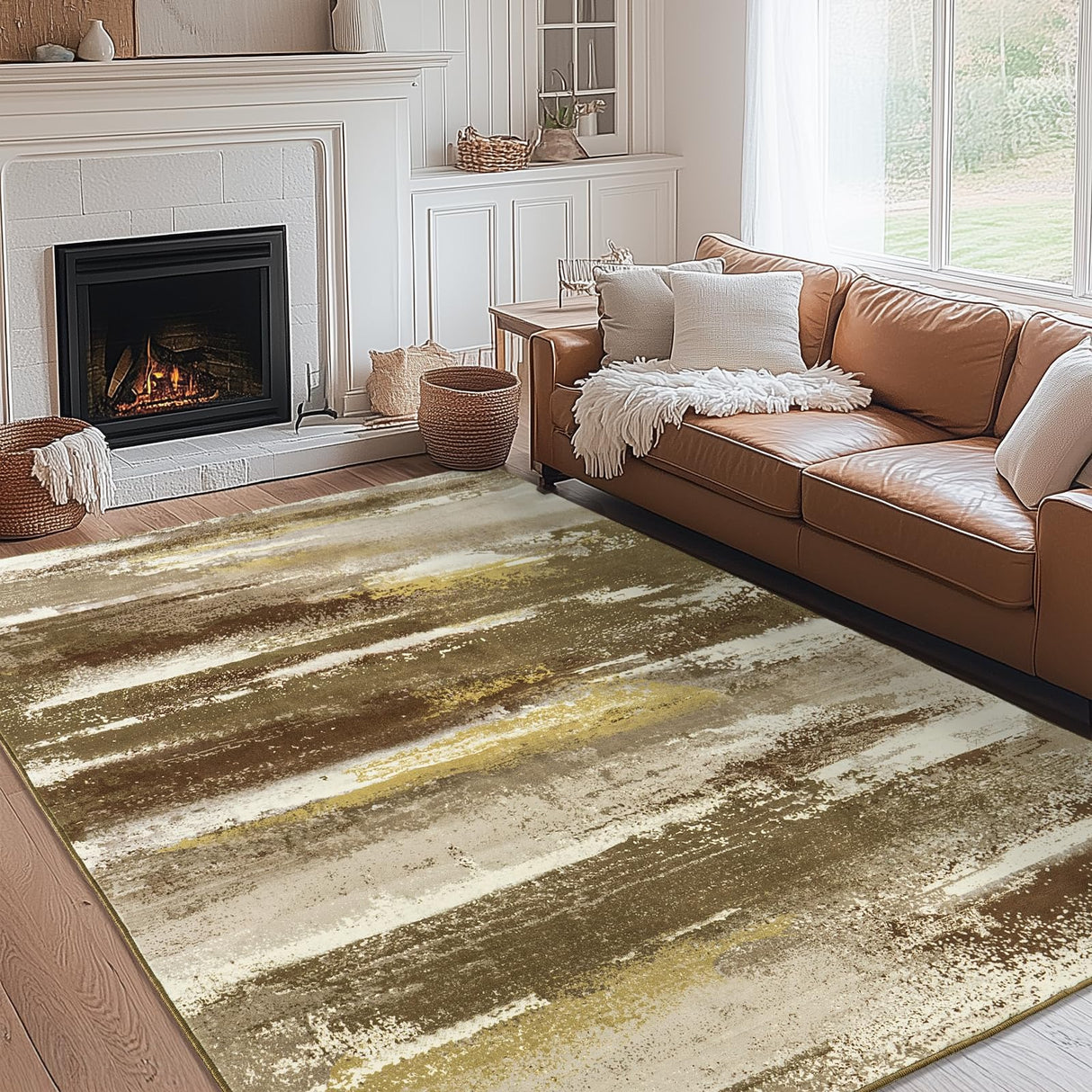 plumlik Area Rugs for Living Room, 6x9 Brown Modern Abstract Rugs for Bedroom, Large Washable Boho Rug with Non-Slip Rubber Backing for Dining Room Dorm Classroom Farmhouse Kids Playroom plumlik