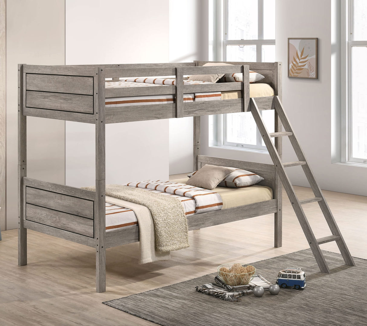 Ryder Twin Over Twin Solid Wood Bunk Bed in Weathered Taupe with Guardrail & Ladder by Coaster Home Furnishings Coaster Home Furnishings