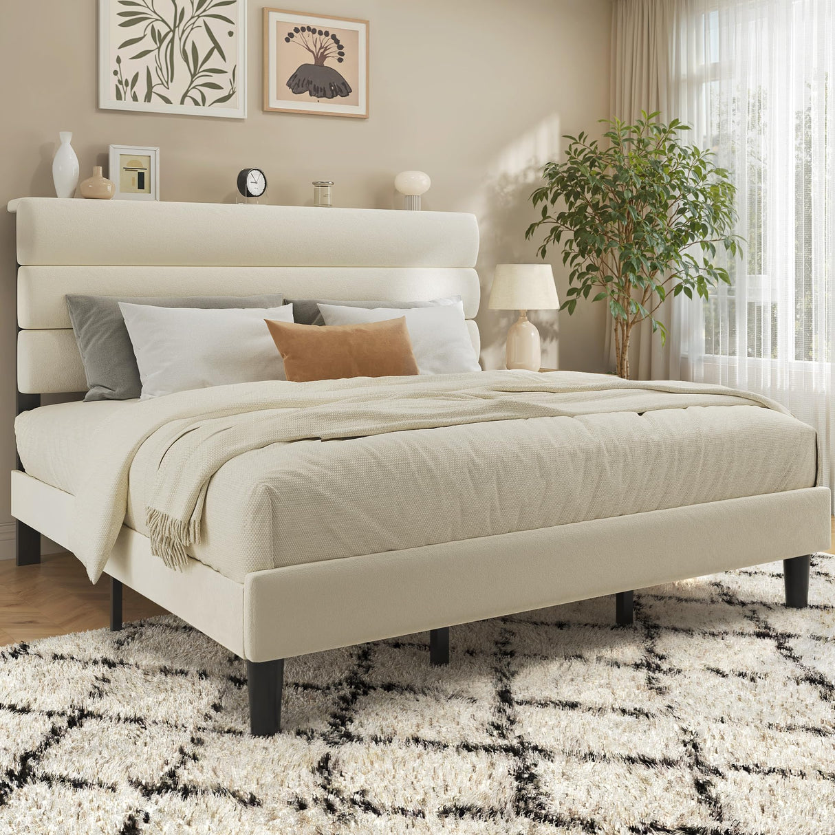 Fluest King Bed Frame, Platform Bed with Velvet Upholstered Headboard, No Box Spring Needed, Sturdy Metal Support, Noise Free, Easy Assembly, Mattress Foundation, Modern Bedroom Furniture, Beige Fluest