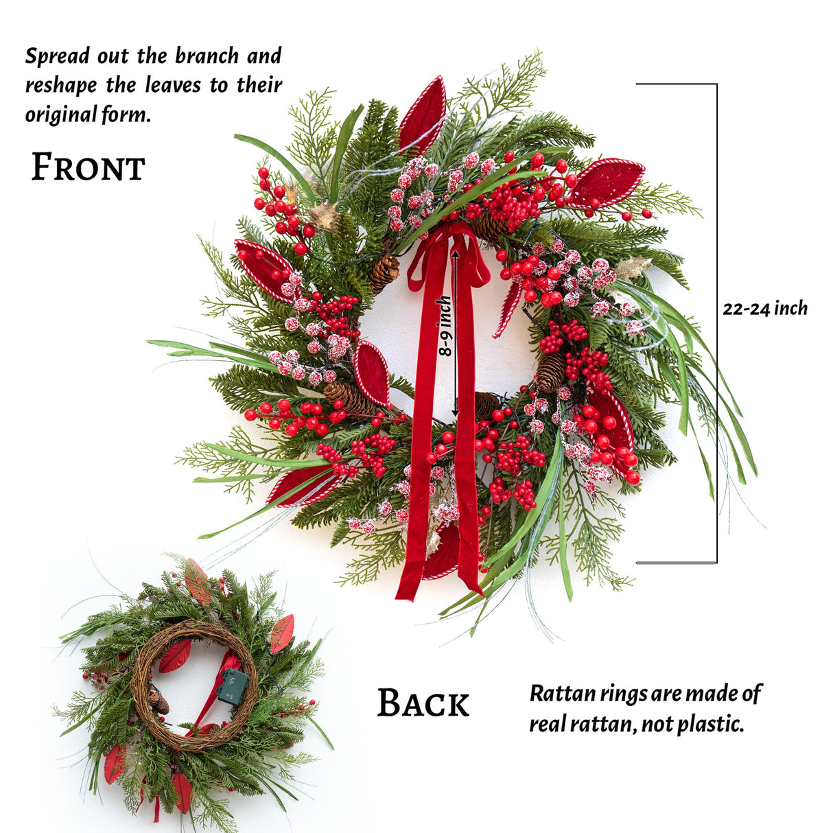 Pre-lit Christmas Wreath with Lights,Outdoor Christmas Wreaths for Front Door-22 Inch Xmas Door Wreath with Pine Needles Pine Cones and Red Berries- Farmhouse Home Christmas Decorations ArcadiaArt