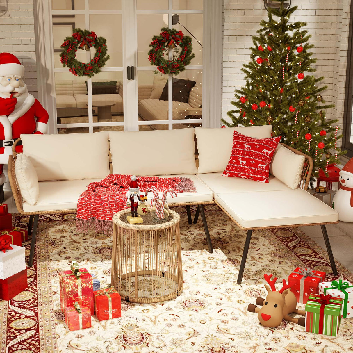 DWVO 3 Pieces Patio Furniture Set, Wicker Conversation Sectional Sofa, L-Shaped Sofa with 4 Seater for Backyard, Porch, Boho Detachable Lounger with Cushions and Coffee Table - Beige DWVO