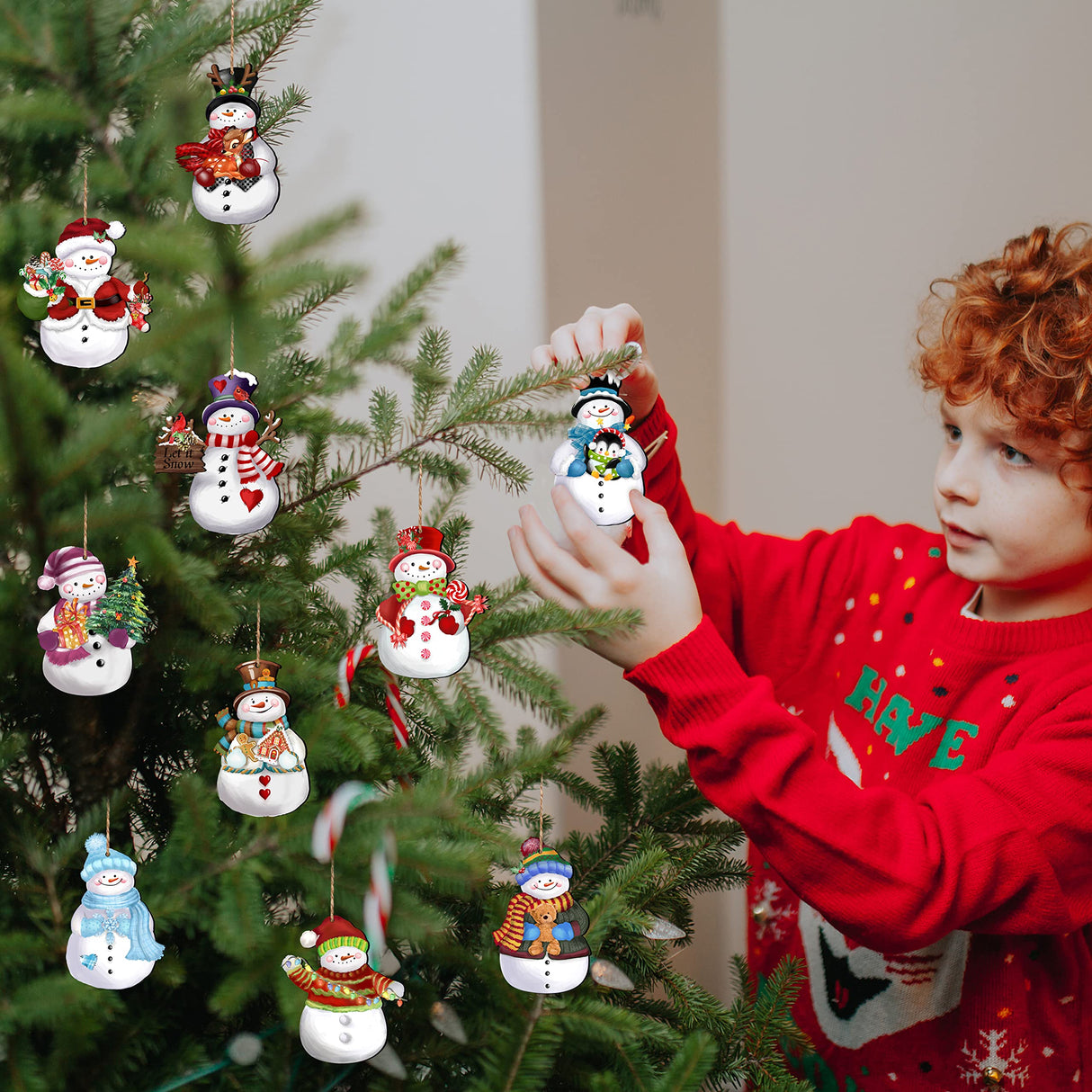 24 Pieces Christmas Snowman Wooden Ornaments Wood Hanging Decoration Set for Christmas Tree Hanging Wood Crafts Holiday Decor Xmas Party Supplies JOPHMO