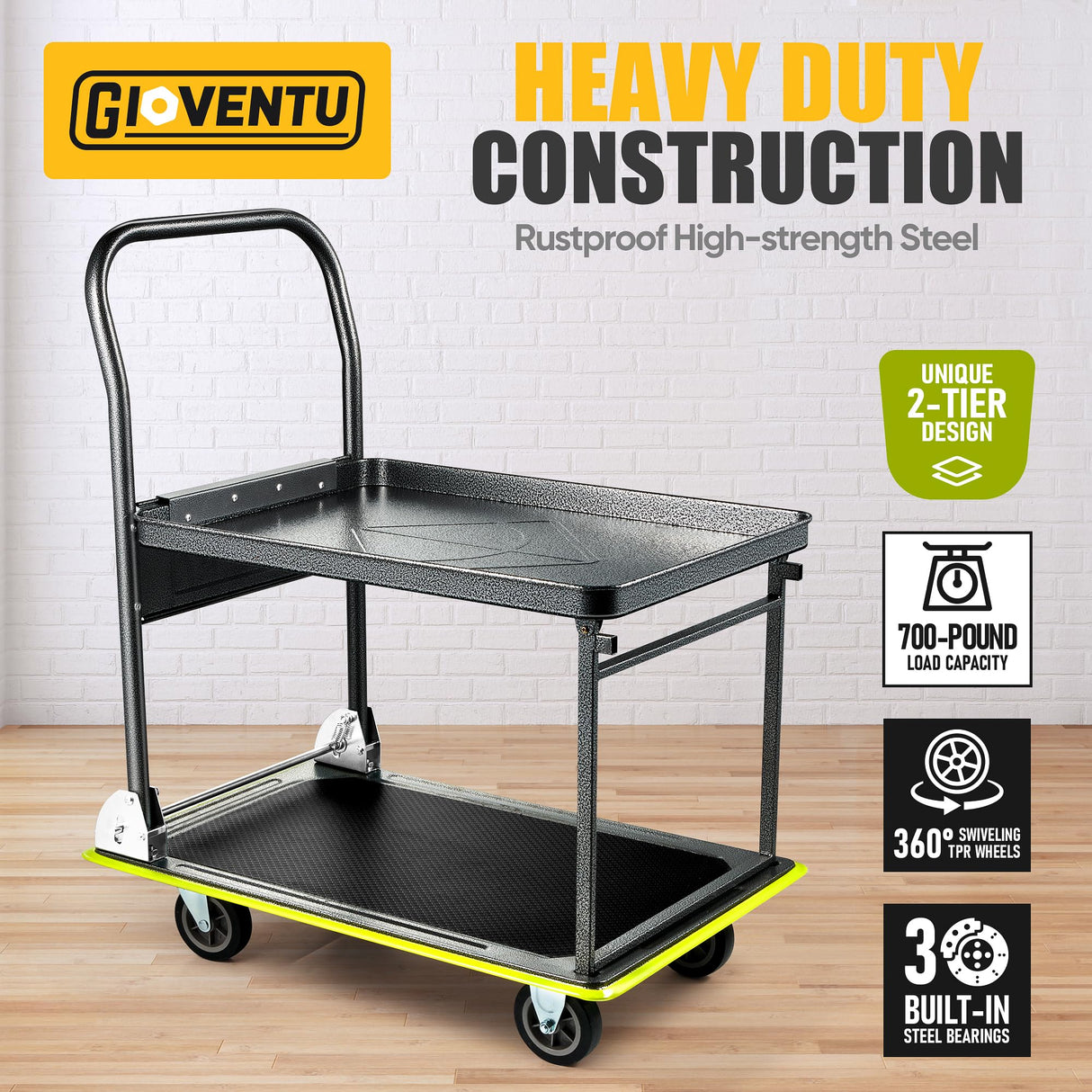 Heavy Duty Push Cart Dolly (700 lbs), Foldable Platform Hand Truck Made with High-Strength Steel, 2 Tier Design, Moving Flatbed Cart with Wheels for Warehouse, Garage, Workshop, Office Gioventù