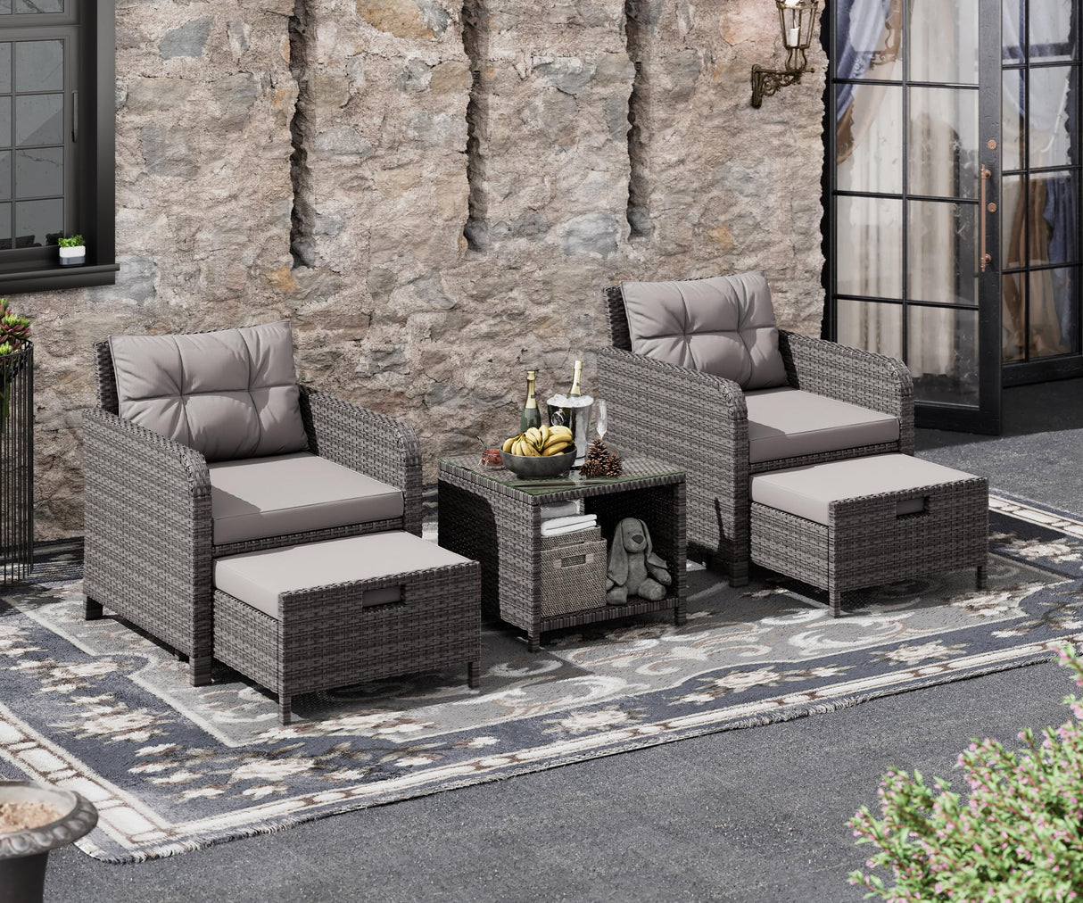 LHBcraft Balcony Furniture 5 Piece Patio Conversation Set, PE Wicker Rattan Outdoor Lounge Chairs with Soft Cushions 2 Ottoman&Glass Table for Porch, Lawn-Grey Wicker (Grey-Grey) LHBcraft
