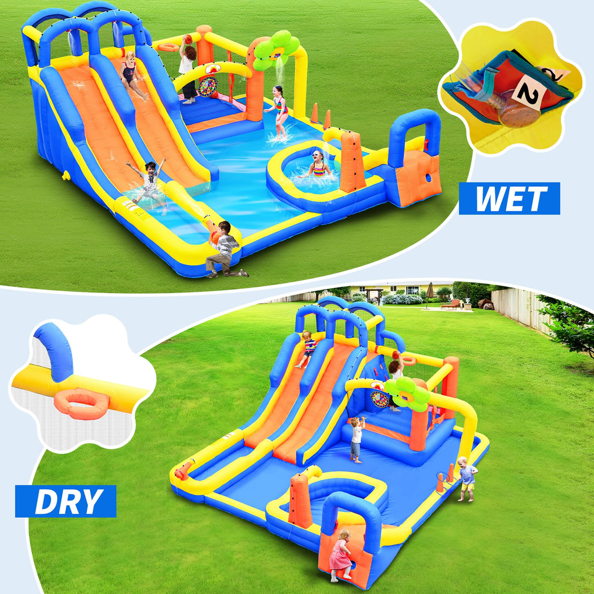 WELLFUNTIME Inflatable Water 3 Slides Park with Blower, Inflatable Bounce House with Climbing Wall, Water Cannon, Dartboard, Flower Sprayer and Deep Pool WELLFUNTIME