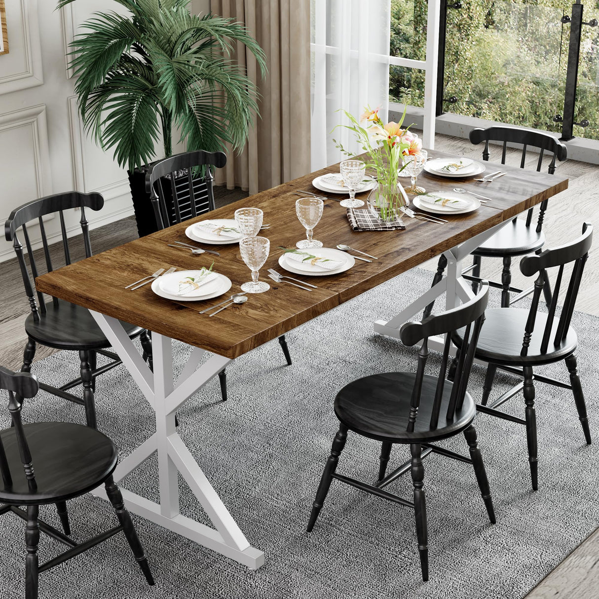 AMICLIBER Farmhouse Dining Table for 6-8 People, 70.8 Inch Rectangular Wood Dining Table, Rustic Kitchen Table with Extra Heavy Duty Metal Legs for Dining Room - Rustic Oak/White AMICLIBER