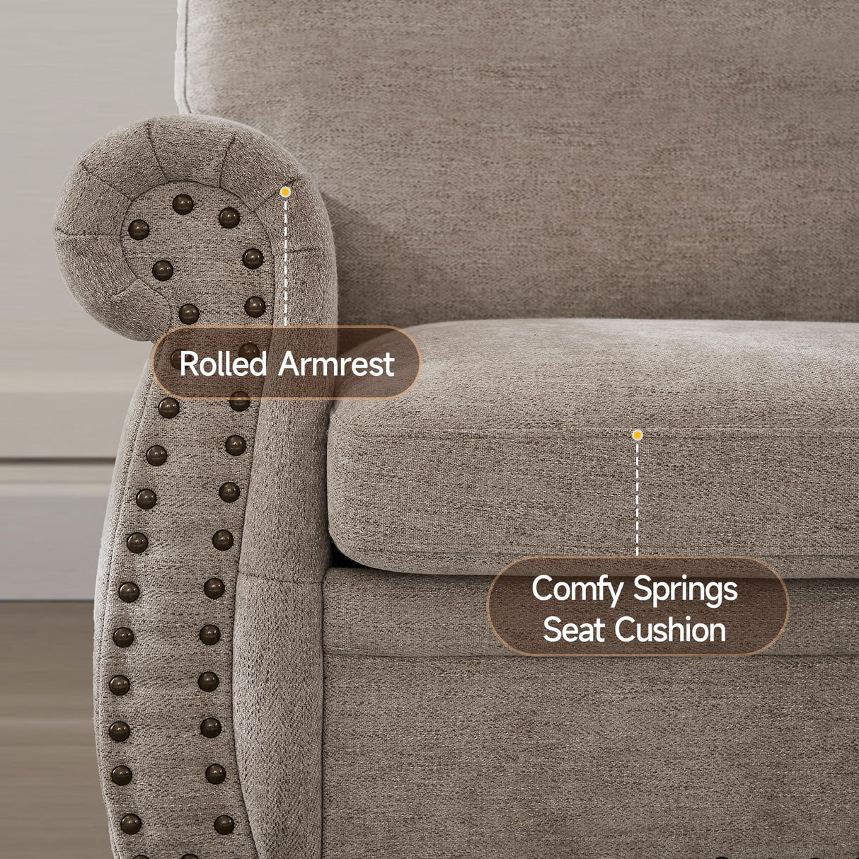 ONBRILL Nailhead Sofa, 66 Inch Small Couch with Rolled Arms, Chenille Fabric Loveseat w/Springs Seat Cushion, Vintage Curved Back, Turned Wood Legs, Comfy Couch for Living Room, Farmhouse, Beige ONBRILL