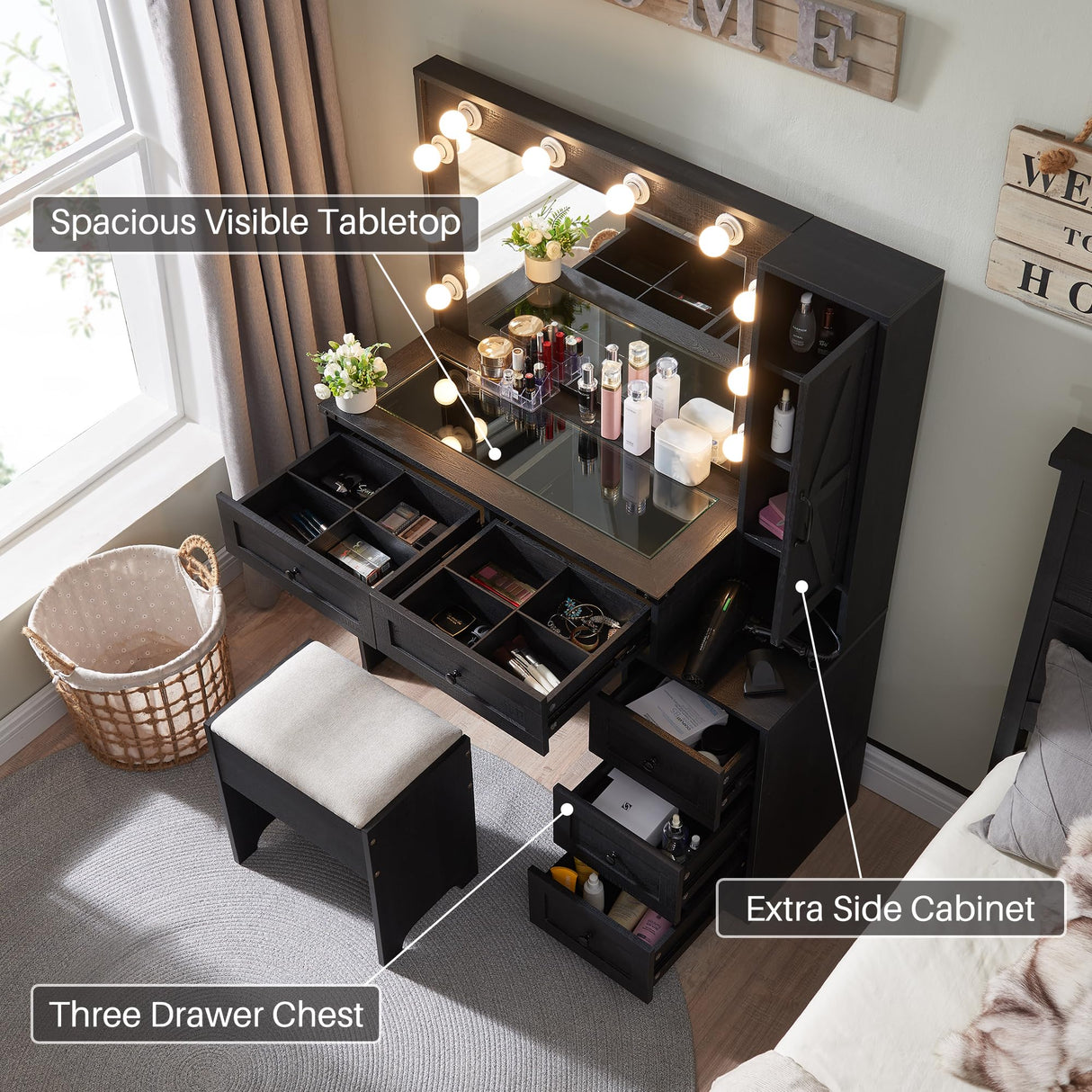 JXQTLINGMU Farmhouse Vanity Makeup Desk with Charging Station, 43" W Vanity Desk with Lights Mirror and Drawers for Makeup, Big Modern Makeup Table Set with Stool for Bedroom, Black JXQTLINGMU