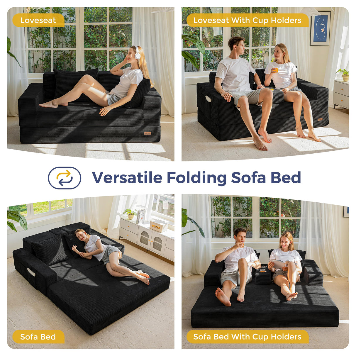 MAXYOYO Loveseat Sofa Bed, 4 in 1 Foldable Floor Sofa Couch in A Box with 2 Cup Holders, Convertible Boneless Couch Folding Recliner Sleeper Chair for Living Room, No Assembly Required, Black MAXYOYO