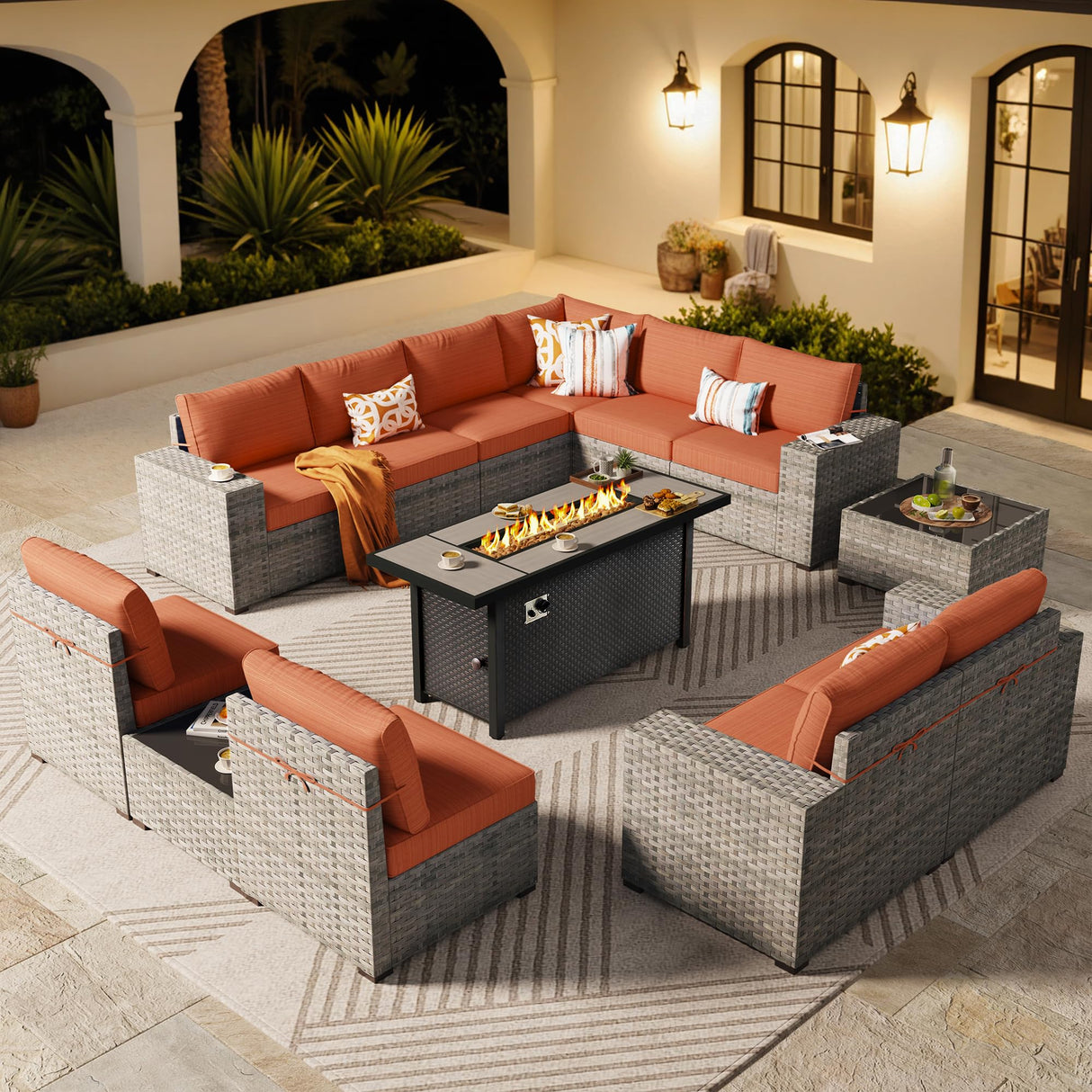 ovios 13 Pieces Patio Furniture Set, Outdoor Wicker Sectional Sofa with 54 Inch Fire Pit Table Comfy Cushions, Modern Modular Deep Seat Rattan Couch Conversation Set, Orange Red ovios