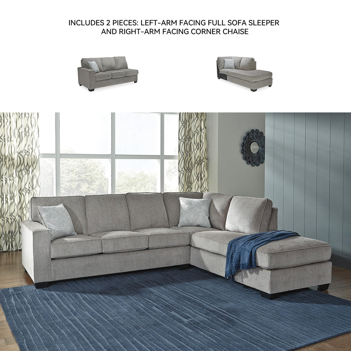 Signature Design by Ashley Altari Urban Right-Arm Facing 2-Piece Sleeper Sectional with Chaise, Loose Seat Cushions, 2 Throw Pillows and Bi-Fold Memory Foam Mattress, Full, Light Gray Signature Design by Ashley
