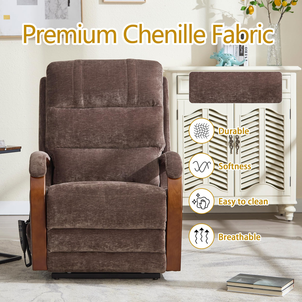 Power Lift Recliner Chair for Elderly People, Dual Motor Lift Chair with Vibration Massage and Heat, Lay Flat Recliner with Solid Wood Armrest, Standing Assistance Reclining, Chenille Fabric Brown EZZUP