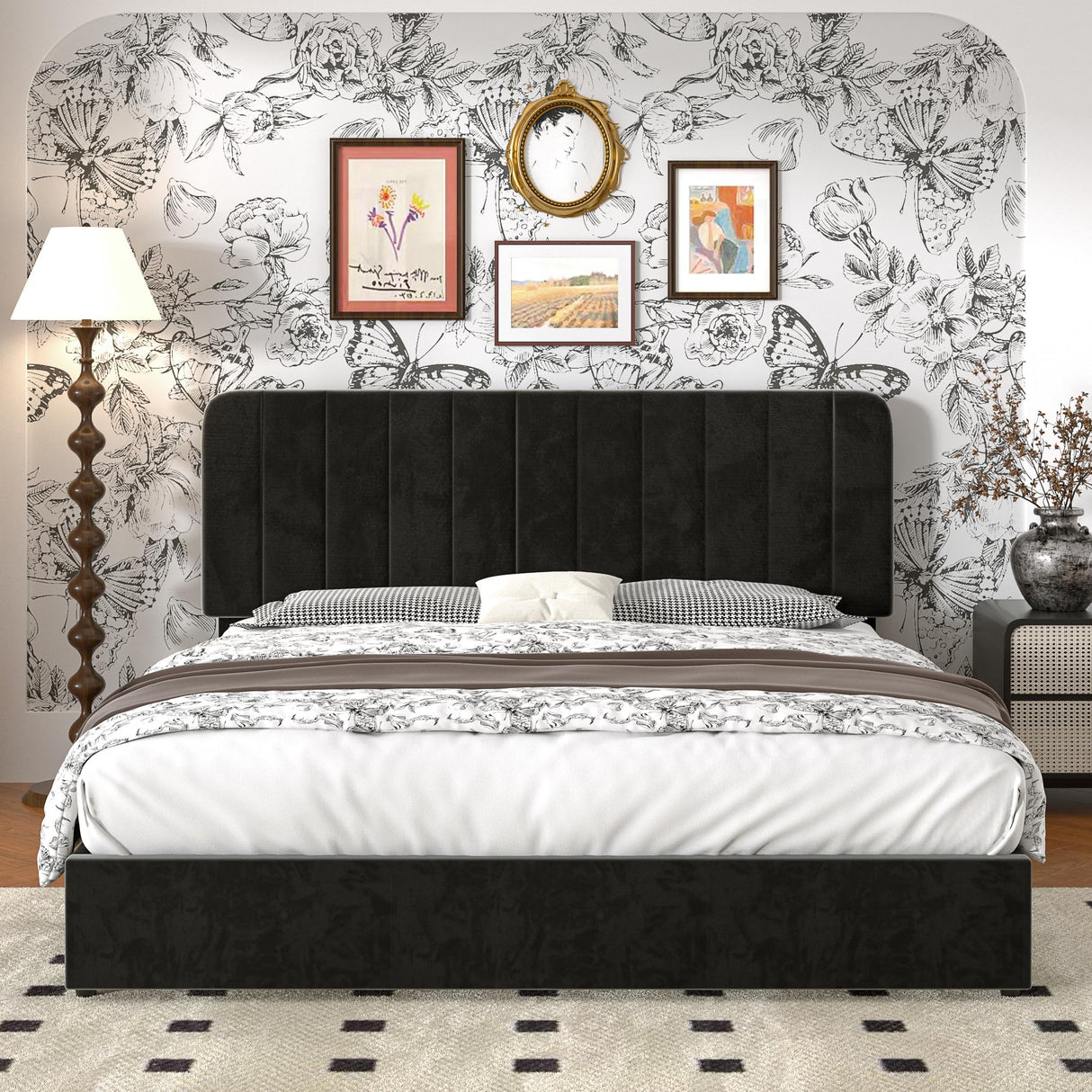 VECELO Queen Size Upholstered Bed Frame with 4 Drawers and Headboard, Velvet Platform Storage Bedframe, Wooden Slats Support, No Box Spring Needed,Black VECELO