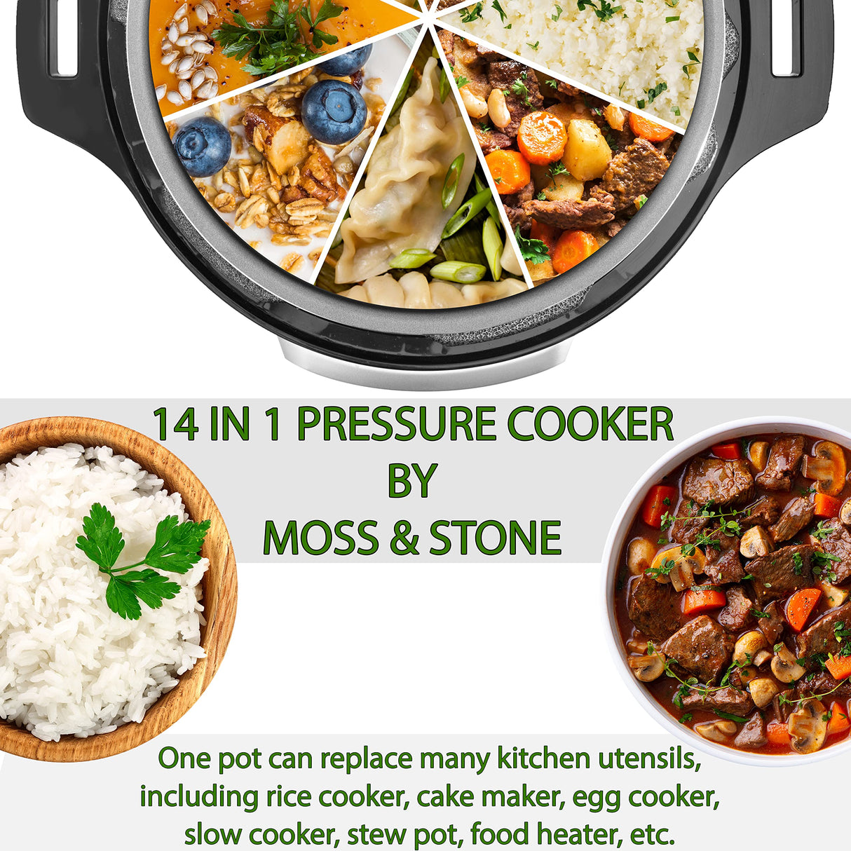 Moss & Stone Electric Pressure Cooker with Large LCD Display, Multi-Use 6 Quart Electric Pot, 14 in 1 Slow Cooker, Rice Cooker, Steamer Maker, Sauté, Yogurt Maker, Egg Cooker, Warmer & More Moss & Stone