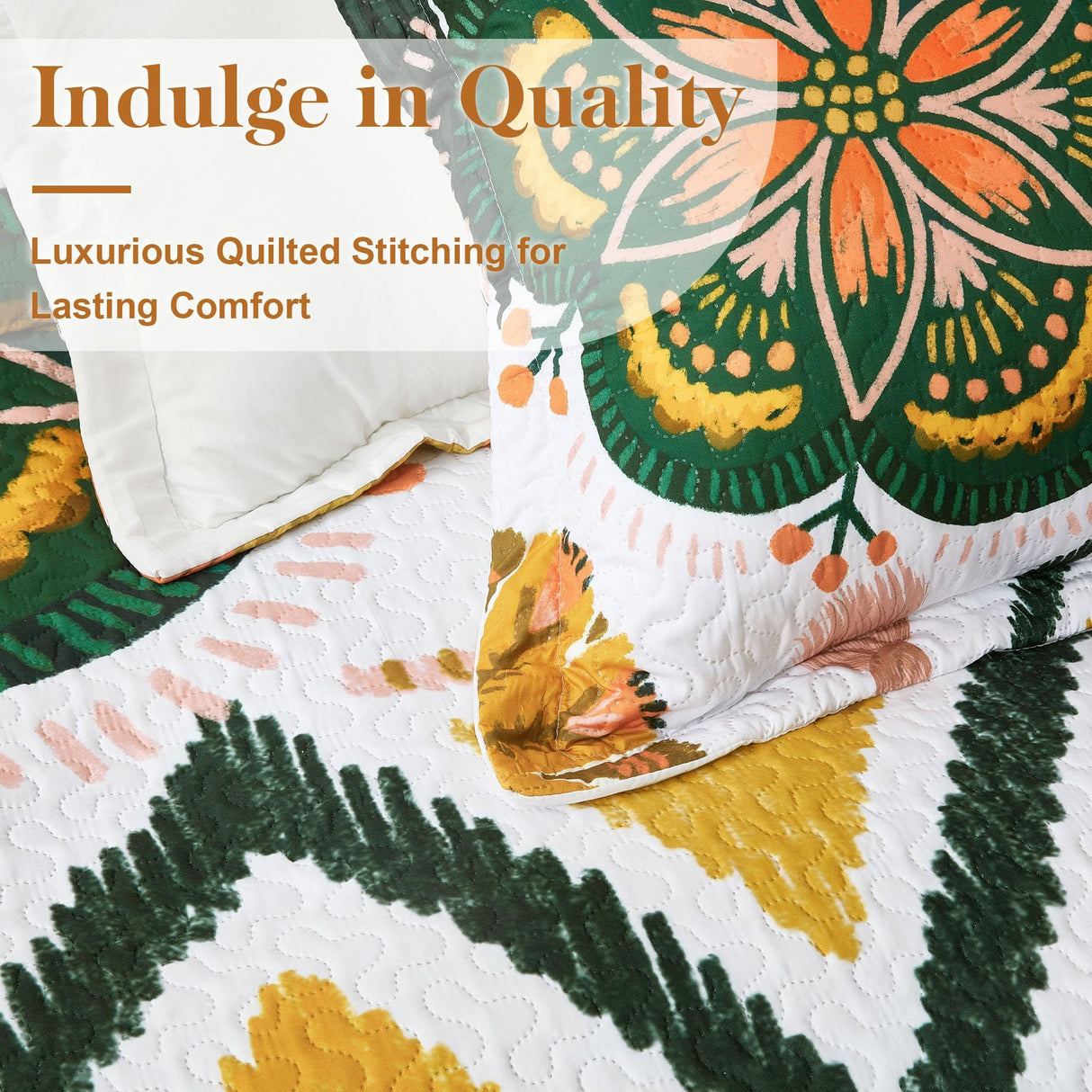 Tyrot 3 Piece Boho Floral Full/Queen Quilt Sets Farmhouse Botanical Reversible Lightweight Bedspread Coverlet with 2 Shams Mid Century Leaves Microfiber Bedding Quilts Set for All Season, 90''x96'' Tyrot