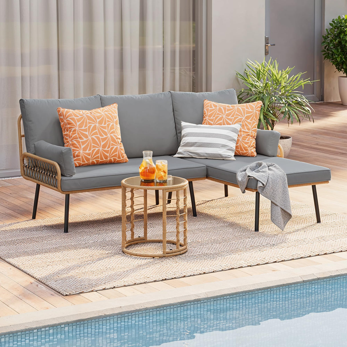 Gizoon Outdoor Patio Furniture Set, Wicker Rattan L-Shaped Conversation Sectional Sofa Set with Thick Cushions, Detachable Lounger and Side Table for Backyard, Porch, Balcony, Pool (Grey) Gizoon