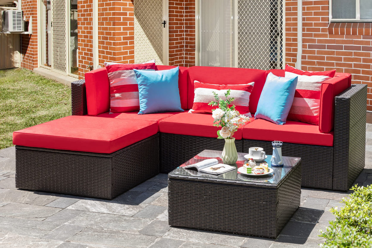 Vongrasig 5 Pieces Small Patio Furniture Sets, All-Weather Outdoor Sectional Patio Sofa Wicker Rattan Patio Seating Sofas with Cushion and Glass Table (Red) Vongrasig
