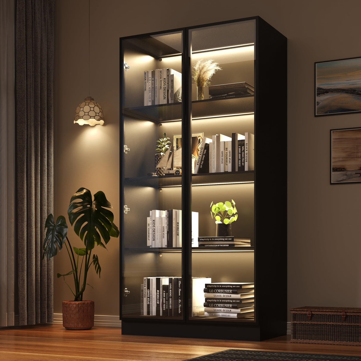 Wildhome Display Storage Cabinet with Glass Door, LED Lights,Showcase for Collections, Perfume, Vinyl Albums, Bookcase for Home Office, Living Room, Clinic, Pantry (Black- 4 Layers) Wildhome