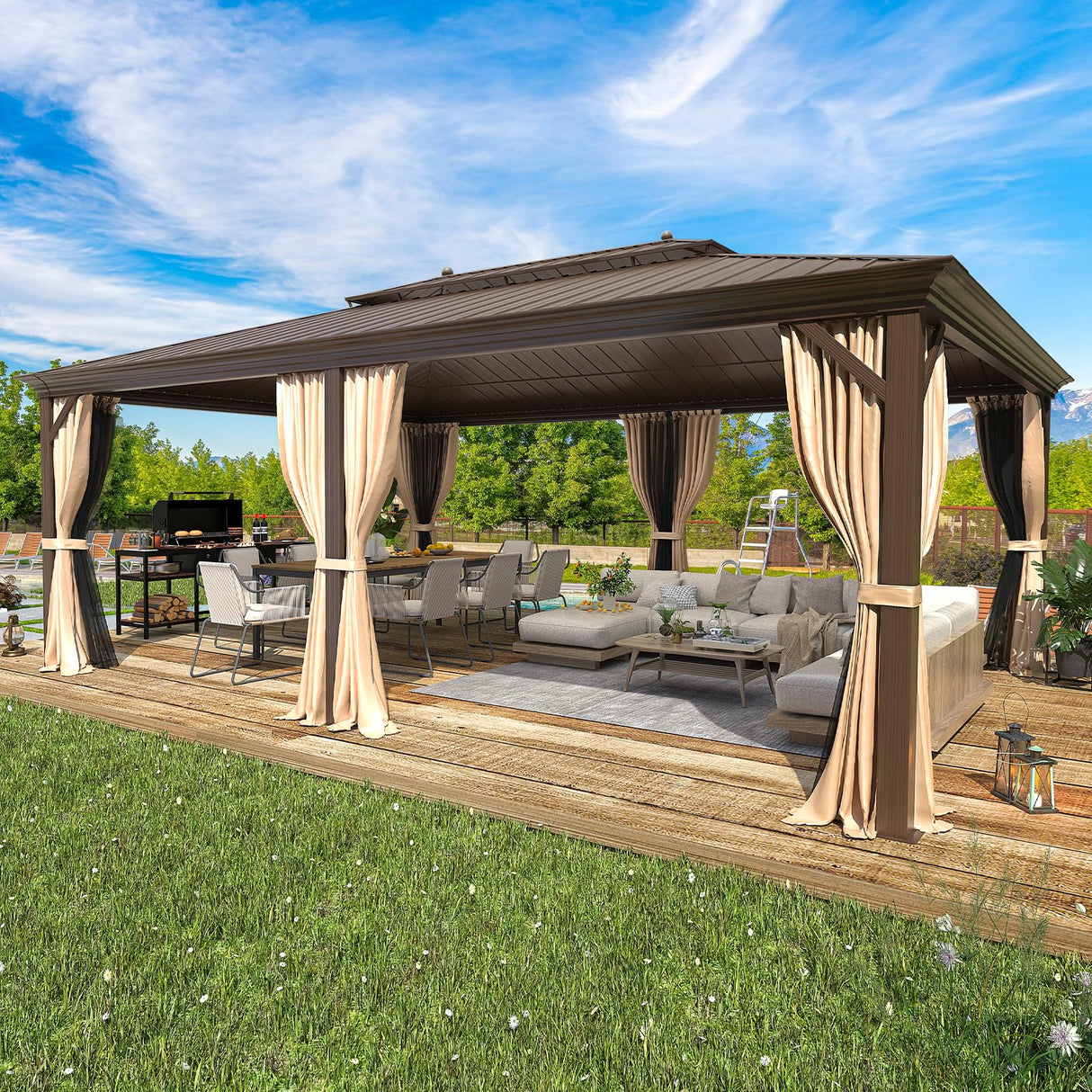 EROMMY 14'x20' Hardtop Gazebo Double Roof Galvanized Steel Canopy Outdoor Aluminum Frame Permanent Metal Pavilion with Netting and Curtains for Patio Backyard Deck and Lawns EROMMY