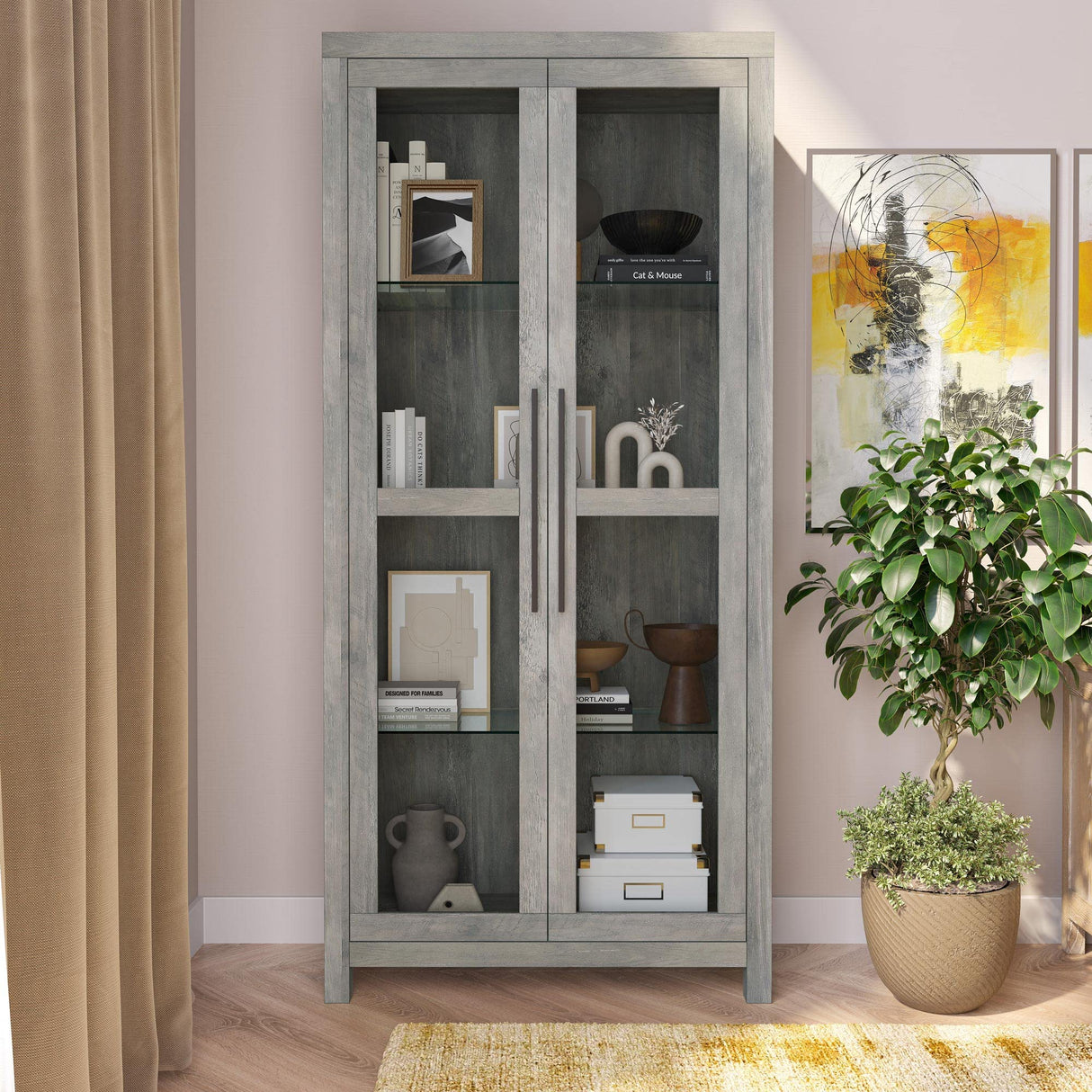 BELLEZE 68" Height Curio Cabinet, Tall Glass Display Cabinet with Adjustable Shelves for Living Room, Trophy Display Case - Avalon (New Gray Wash) BELLEZE