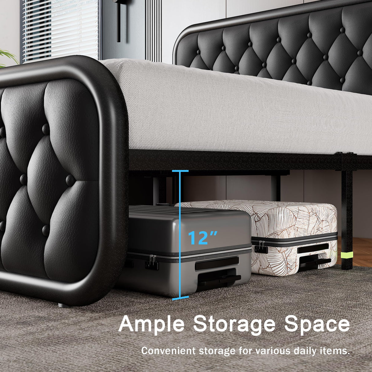 GalnFu Full Metal Bed Frame, Upholstered Bed with Leather Button-Tufted Headboard & Footboard, Heavy-Duty U-Shape Platform Bed, Easy Assembly, Black GalnFu