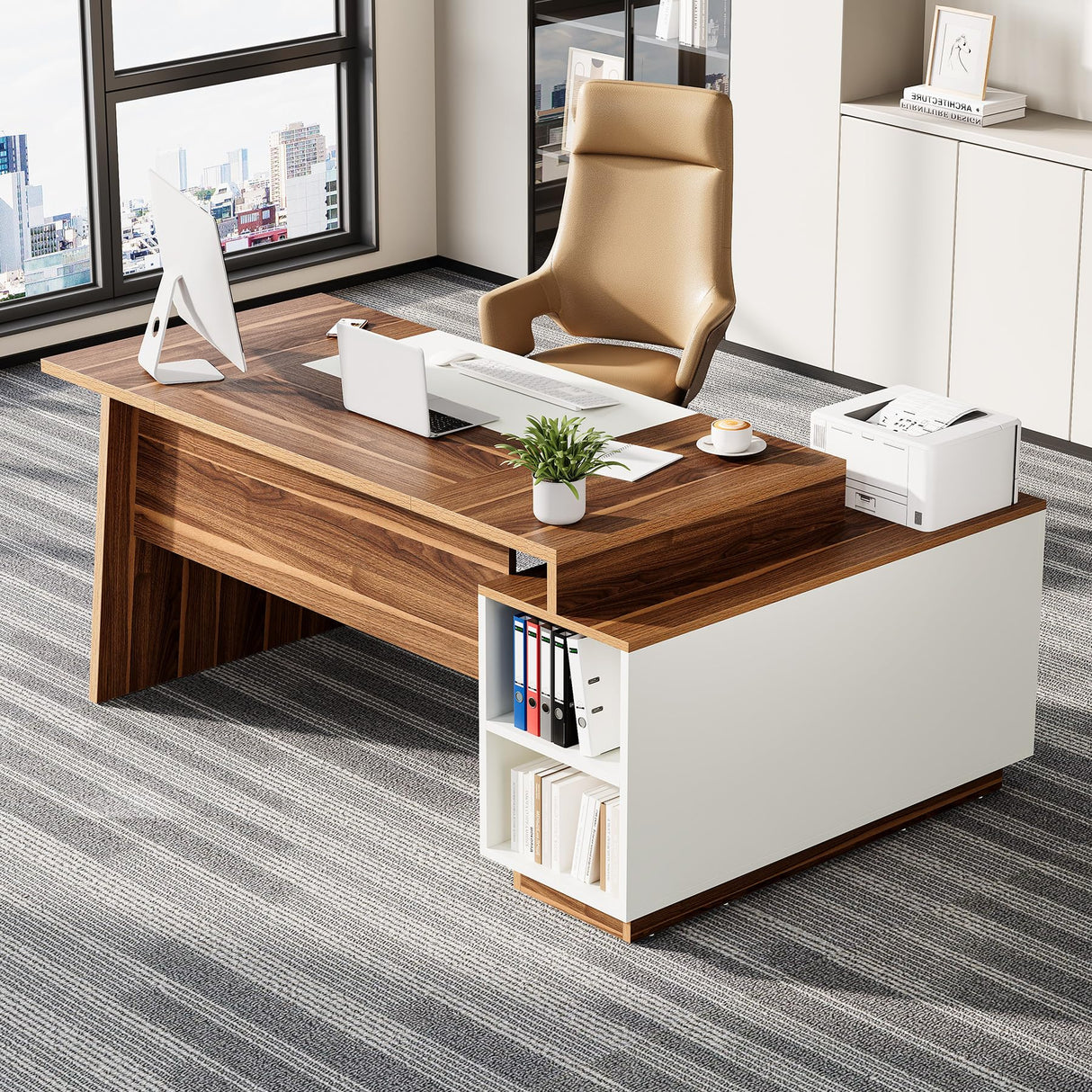 LITTLE TREE 70.5-Inch Executive Desk, Large Home Office Desk with Storage Cabinet and Open Shelves, L-Shaped Computer Corner Desk, Workstation for Office Home, Walnut and Black LITTLE TREE