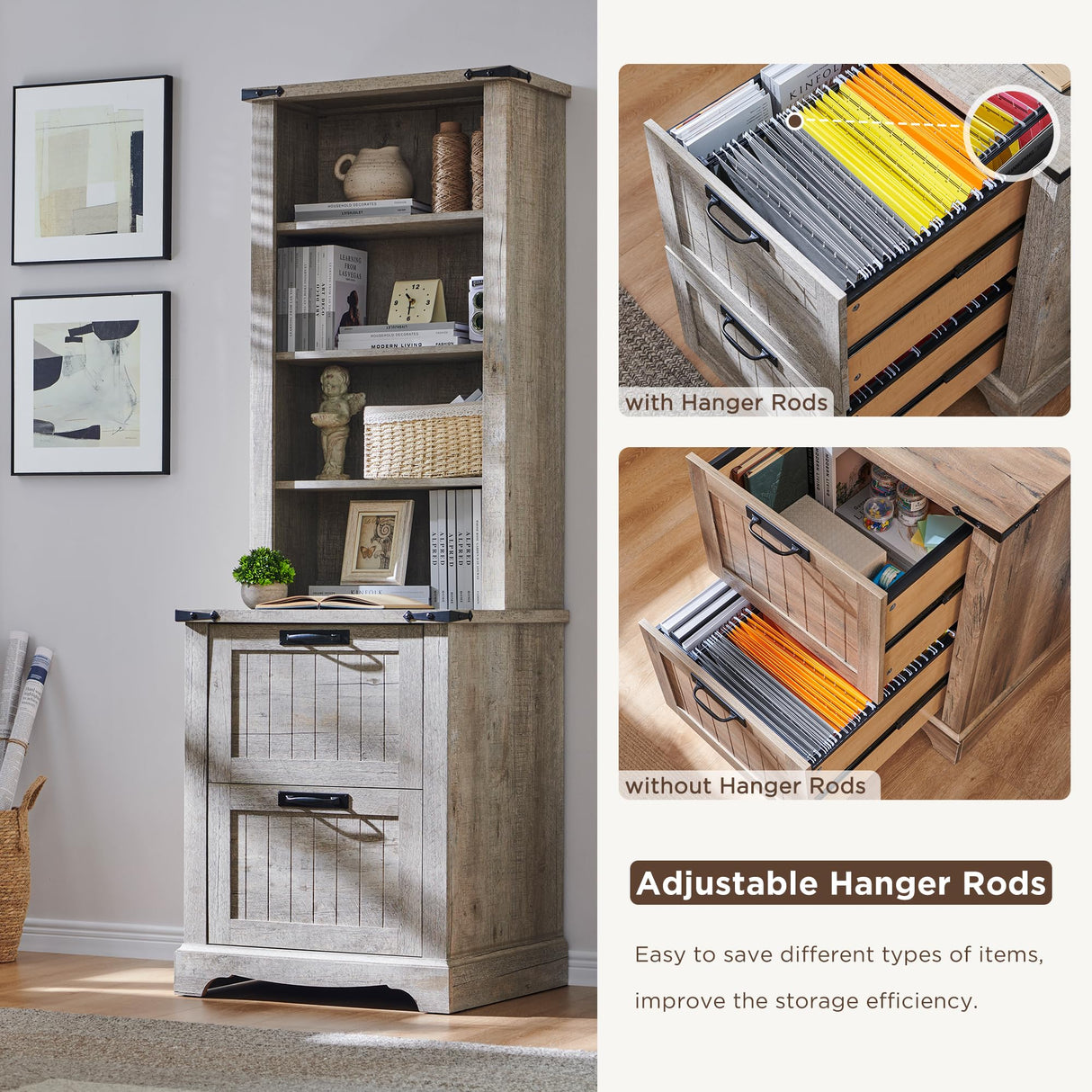 RedLemon Bookcase with 2 File Drawers, 72" Tall Farmhouse Bookshlef with Storage and Adjustable Shelves, 4 Tier Rustic Wood Bookshelf with Cabinet for Home Office, Living Room (Light Rustic Oak) RedLemon