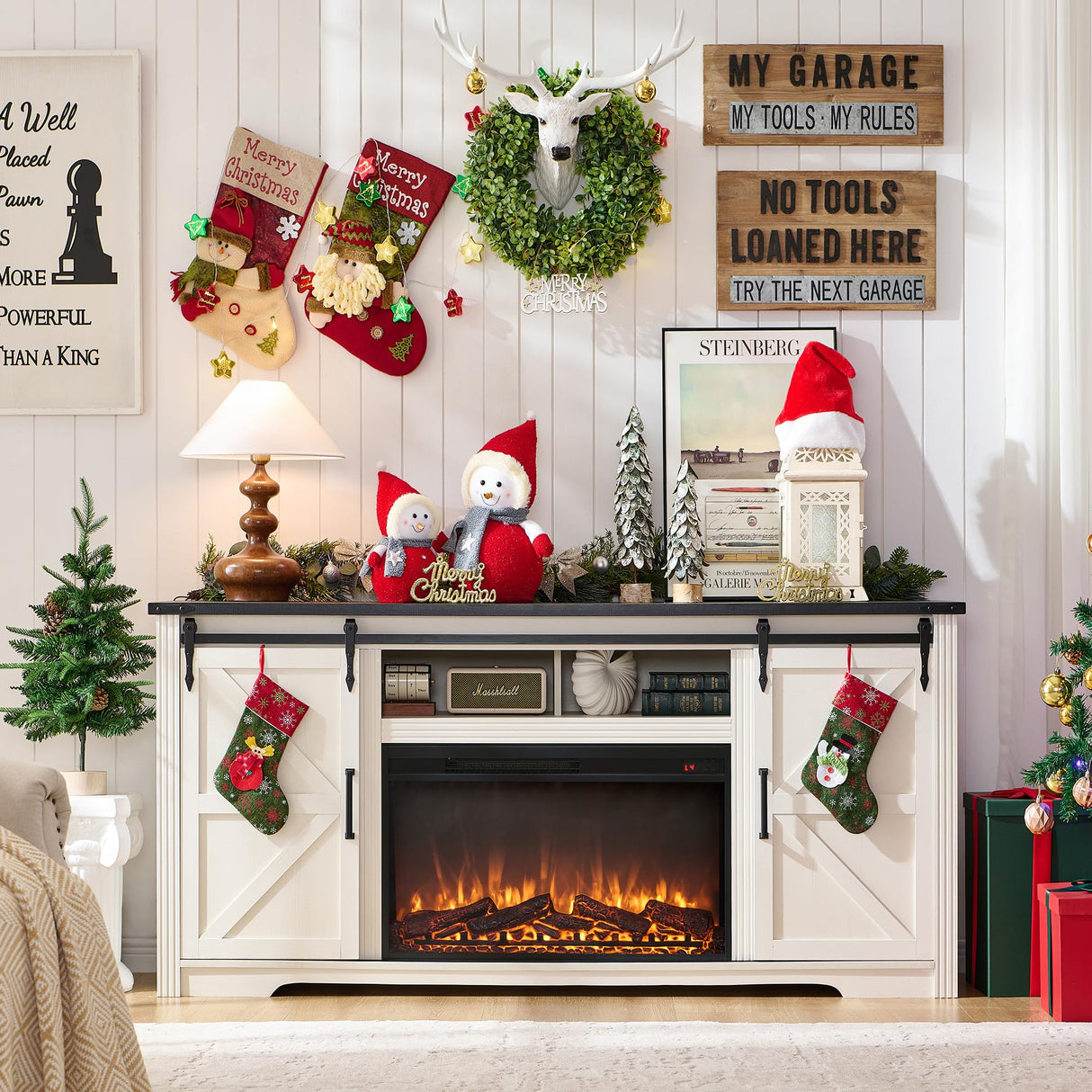 JXQTLINGMU Farmhouse Fireplace TV Stand for 80 Inch TV, 32" Tall Entertainment Center w/Drawer & Sliding Barn Door, 70 Inch Highboy Media Console for Living Room, Off White JXQTLINGMU